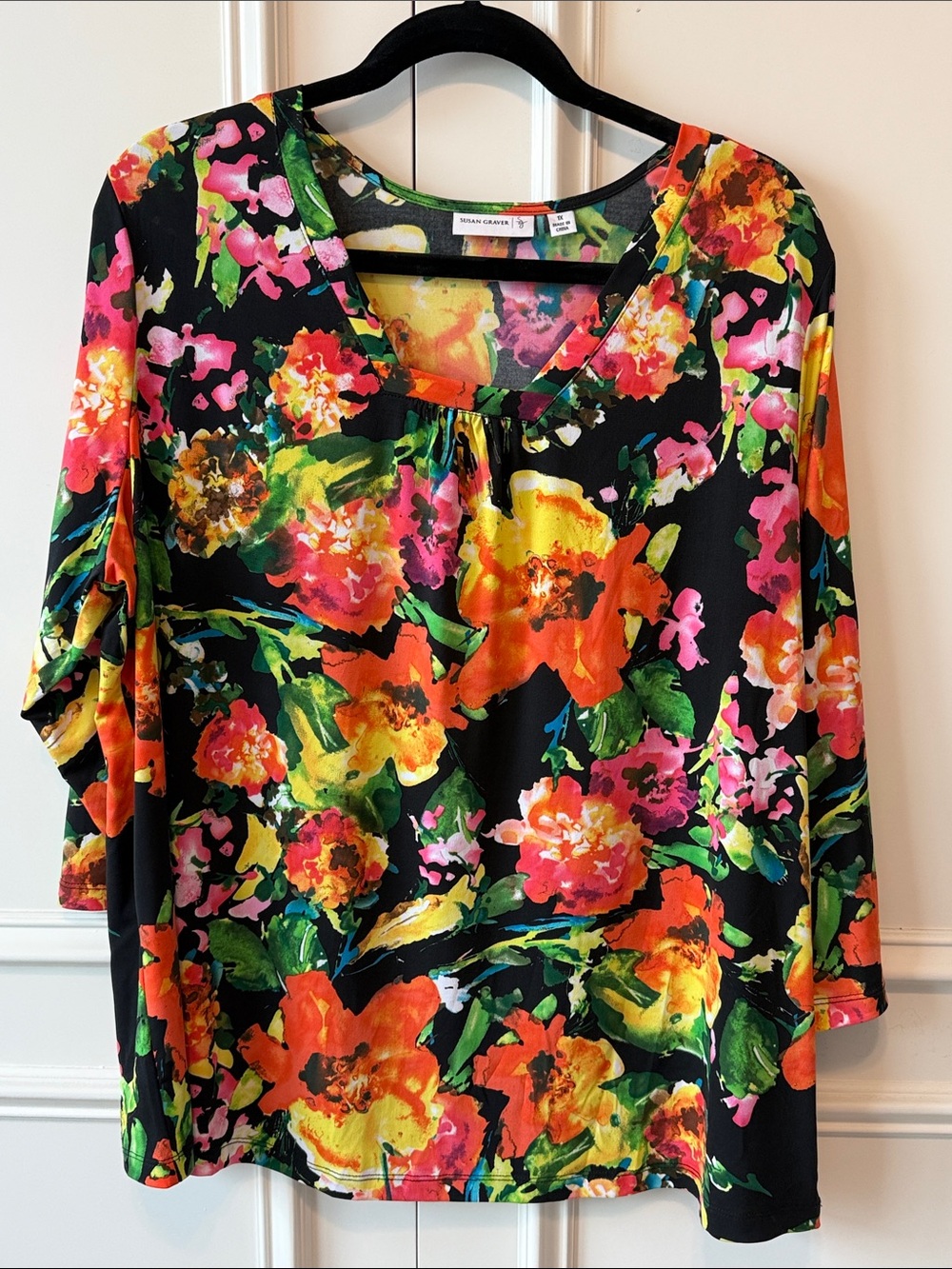 Susan Graver Black Floral Scoop Neck Tunic with Bright Multicolor Blooms